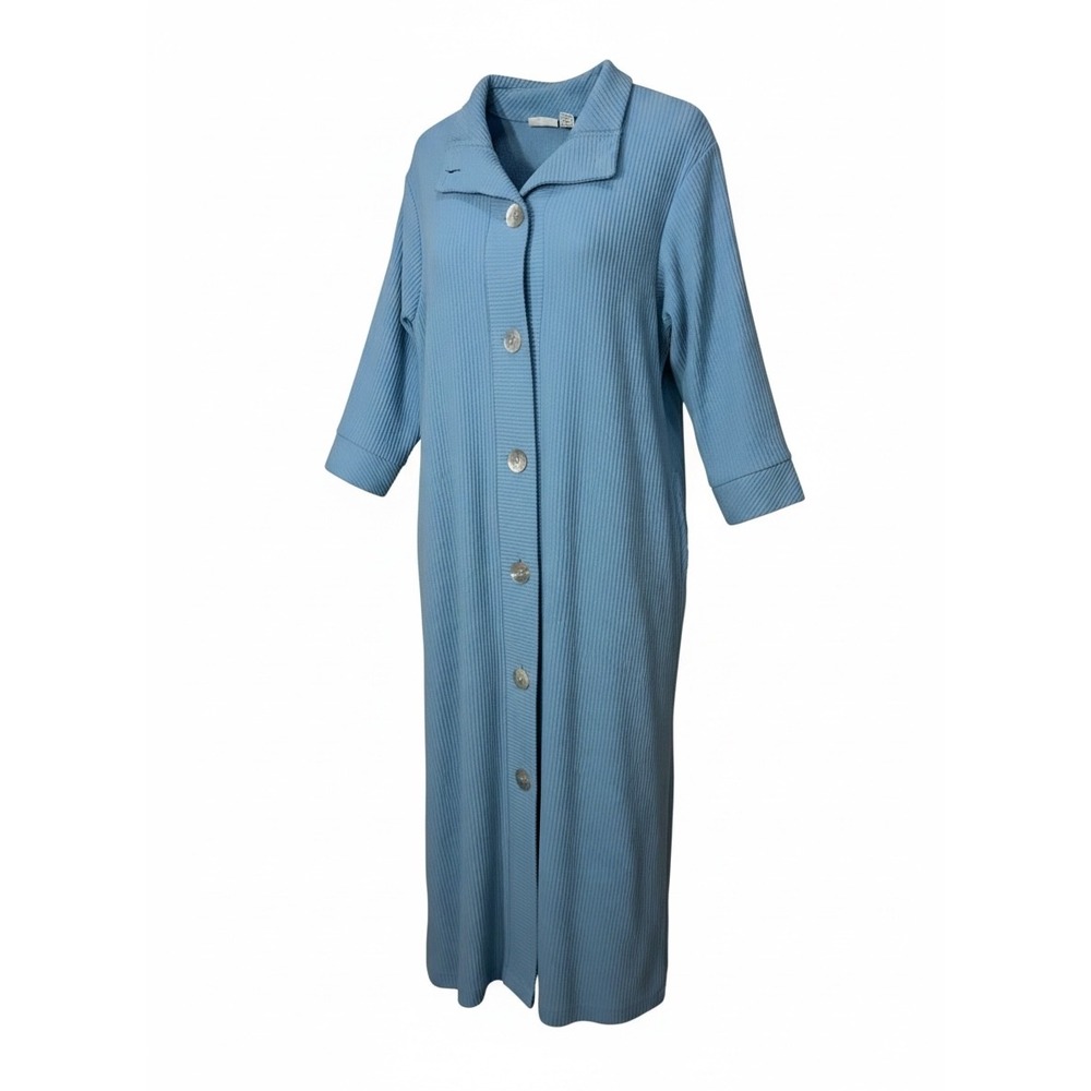 Collections Etc Womens Blue Ribbed Knit Button Front Duster House Coat M/L